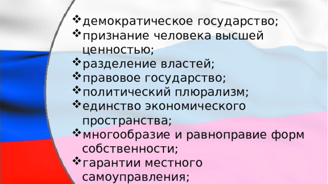 демократическое государство; признание человека высшей ценностью; разделение властей; правовое государство; политический плюрализм; единство экономического пространства; многообразие и равноправие форм собственности; гарантии местного самоуправления; социальное государство; особый порядок изменения конституции. 