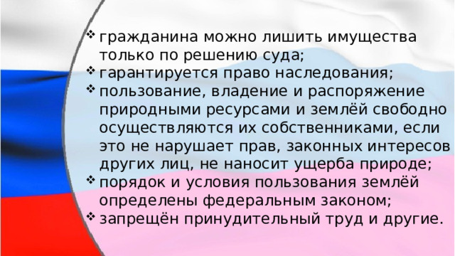 гражданина можно лишить имущества только по решению суда; гарантируется право наследования; пользование, владение и распоряжение природными ресурсами и землёй свободно осуществляются их собственниками, если это не нарушает прав, законных интересов других лиц, не наносит ущерба природе; порядок и условия пользования землёй определены федеральным законом; запрещён принудительный труд и другие. 