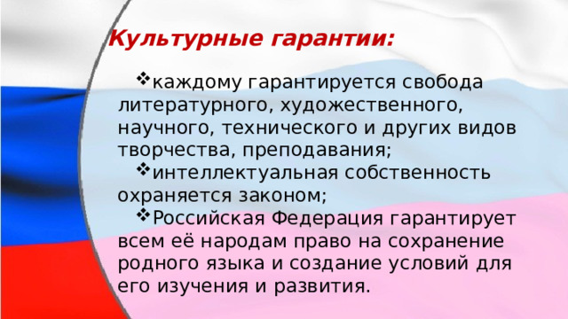 Культурные гарантии: каждому гарантируется свобода литературного, художественного, научного, технического и других видов творчества, преподавания; интеллектуальная собственность охраняется законом; Российская Федерация гарантирует всем её народам право на сохранение родного языка и создание условий для его изучения и развития. каждому гарантируется свобода литературного, художественного, научного, технического и других видов творчества, преподавания; интеллектуальная собственность охраняется законом; Российская Федерация гарантирует всем её народам право на сохранение родного языка и создание условий для его изучения и развития. 