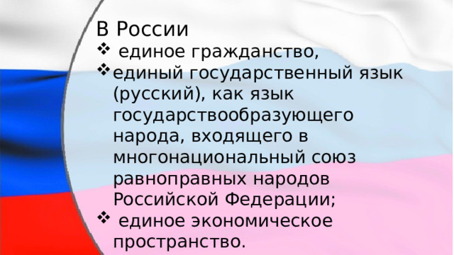 В России  единое гражданство, единый государственный язык (русский), как язык государствообразующего народа, входящего в многонациональный союз равноправных народов Российской Федерации;  единое экономическое пространство. 