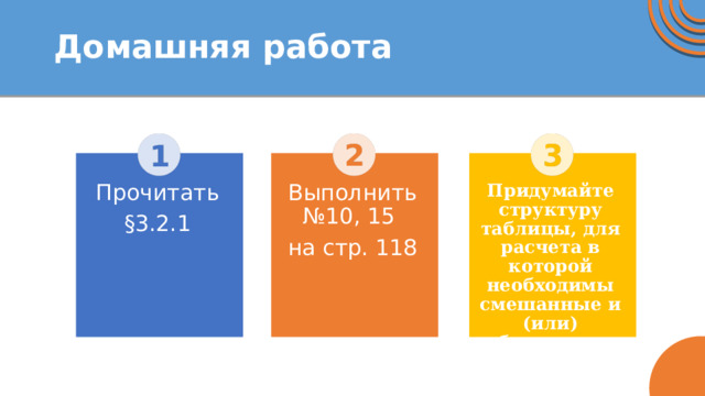 Домашняя работа 2 3 1 Выполнить №10, 15 Придумайте структуру таблицы, для расчета в которой необходимы смешанные и (или) абсолютные ссылки Прочитать на стр. 118 §3.2.1