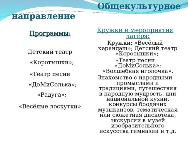  Общекультурное направление Кружки и мероприятия лагеря: Кружки: «Весёлый карандаш»; Детский театр «Коротышки»; «Театр песни «ДоМиСолька»; «Волшебная иголочка». Знакомство с народными промыслами и традициями, путешествия в народную мудрость, дни национальной кухни, конкурсы бродячих музыкантов, тематическая или сюжетная дискотека, экскурсии в музей изобразительного искусства гимназии и т.д. Программы: Детский театр «Коротышки»; «Театр песни «ДоМиСолька»; «Радуга»; «Весёлые лоскутки» 