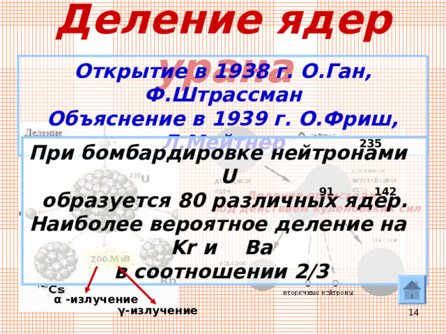 Деление ядер урана Открытие в 1938 г. О.Ган, Ф.Штрассман Объяснение в 1939 г. О.Фриш, Л.Мейтнер 235 При бомбардировке нейтронами U  образуется 80 различных ядер. Наиболее вероятное деление на Kr и   Ba в соотношении 2/3 91 142 Деление происходит под действием кулоновских сил 94 Rb α  -излучение γ -излучение  