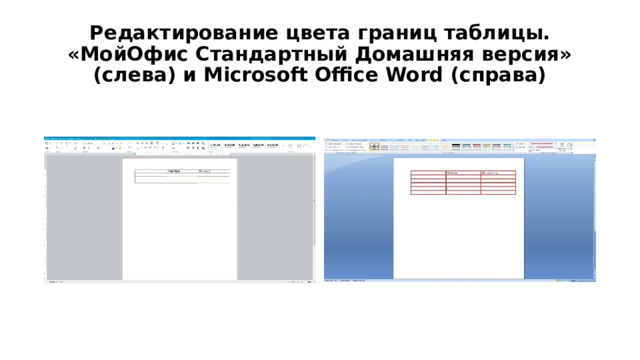 Редактирование цвета границ таблицы. «МойОфис Стандартный Домашняя версия» (слева) и Microsoft Office Word (справа) 