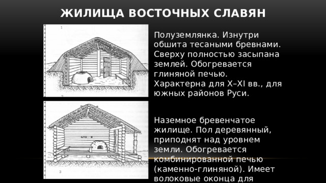 Жилища восточных славян Полуземлянка. Изнутри обшита тесаными бревнами. Сверху полностью засыпана землей. Обогревается глиняной печью. Характерна для X–XI вв., для южных районов Руси. Наземное бревенчатое жилище. Пол деревянный, приподнят над уровнем земли. Обогревается комбинированной печью (каменно-глиняной). Имеет волоковые оконца для выхода дыма. Характерно для X–XI вв. для северных районов Руси. 