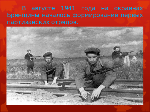   В августе 1941 года на окраинах Брянщины началось формирование первых партизанских отрядов. 