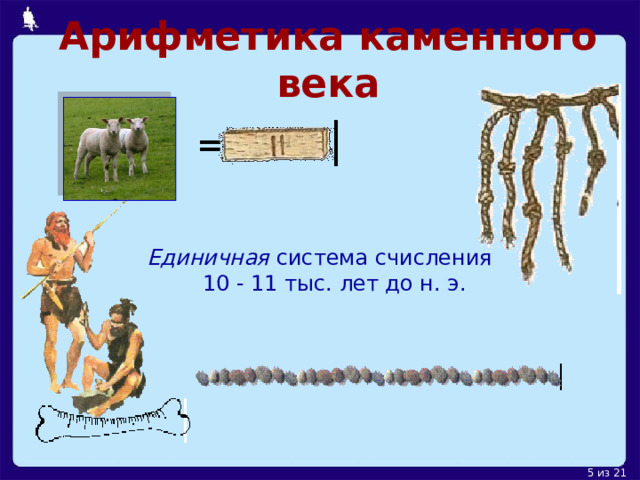 Арифметика  каменного  века = Единичная система счисления 10 - 11 тыс. лет до н. э. 
