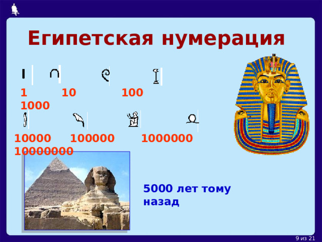 Египетская  нумерация 1 10 100 1000 10000 100000 1000000 10000000 5000 лет тому назад 