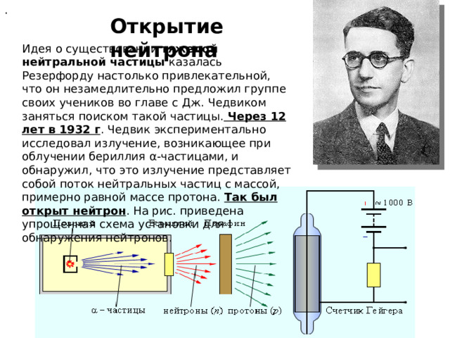 . Открытие нейтрона Идея о существовании тяжелой нейтральной частицы казалась Резерфорду настолько привлекательной, что он незамедлительно предложил группе своих учеников во главе с Дж. Чедвиком заняться поиском такой частицы. Через 12 лет в 1932 г . Чедвик экспериментально исследовал излучение, возникающее при облучении бериллия α -частицами, и обнаружил, что это излучение представляет собой поток нейтральных частиц с массой, примерно равной массе протона. Так был открыт нейтрон . На рис. приведена упрощенная схема установки для обнаружения нейтронов. 