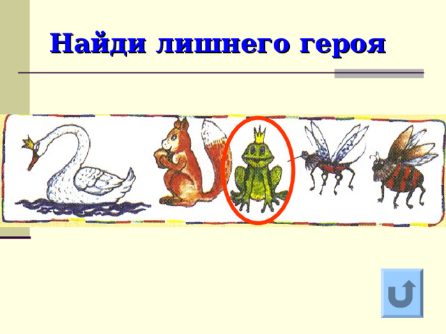 Найди лишнего героя Ответ на вопрос выходит по щелчку. Управляющая кнопка – возврат на слайд с номинациями  