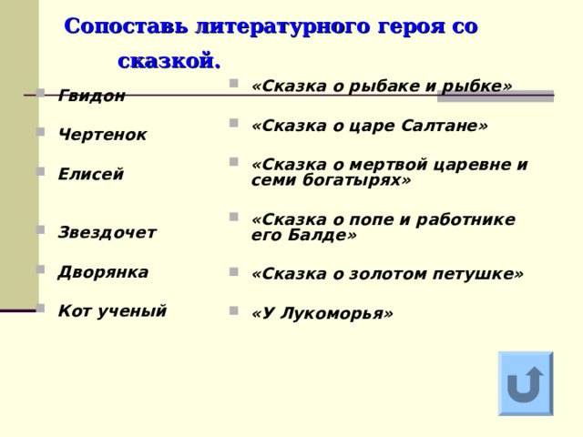 Сопоставь литературного героя со сказкой.  «Сказка о рыбаке и рыбке»  «Сказка о царе Салтане»  «Сказка о мертвой царевне и семи богатырях»  «Сказка о попе и работнике его Балде»  «Сказка о золотом петушке»  «У Лукоморья»   Гвидон  Чертенок  Елисей   Звездочет  Дворянка  Кот ученый   Ответ на вопрос выходит по щелчку. Управляющая кнопка – возврат на слайд с номинациями  