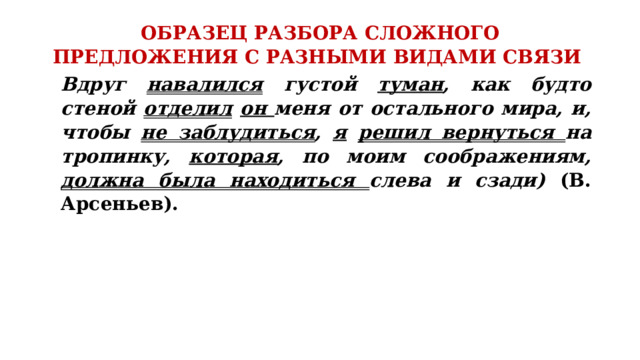 ОБРАЗЕЦ РАЗБОРА СЛОЖНОГО ПРЕДЛОЖЕНИЯ С РАЗНЫМИ ВИДАМИ СВЯЗИ    Вдруг навалился густой туман , как будто стеной отделил  он меня от остального мира, и, чтобы не заблудиться , я  решил вернуться на тропинку, которая , по моим соображениям, должна была находиться слева и сзади) (В. Арсеньев). 