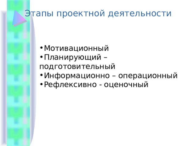 Этапы проектной деятельности Мотивационный Планирующий – подготовительный Информационно – операционный Рефлексивно - оценочный   