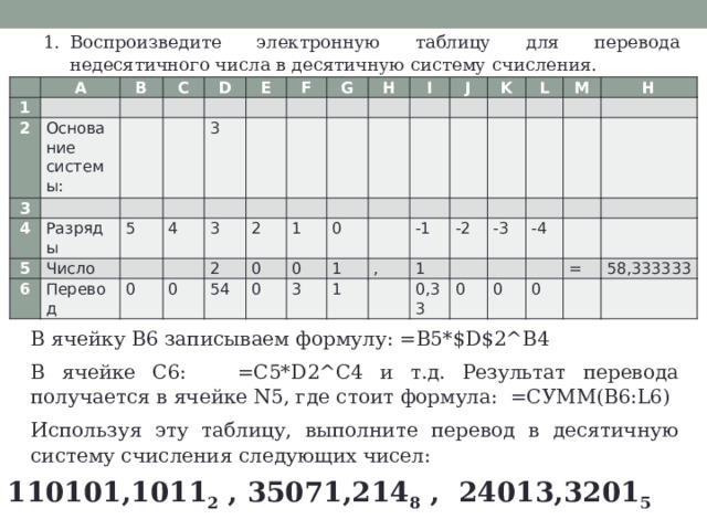 Воспроизведите электронную таблицу для перевода недесятичного числа в десятичную систему счисления.   1 A B 2   C 3 Основание системы:   4       D 5 E     Разряды   6 Число 3 F   5       G   Перевод 4       3   0   H 2 2     0   I   54 0   1   J 0   0   0   K   3 1   L     , -1 1   M       1 H     -2   0,33         -3     0   -4   0     0 =   58,333333     В ячейку В6 записываем формулу: =B5*$D$2^B4 В ячейке C6: =C5*D2^C4 и т.д. Результат перевода получается в ячейке N5, где стоит формула: =СУММ(B6:L6) Используя эту таблицу, выполните перевод в десятичную систему счисления следующих чисел: 110101,1011 2 , 35071,214 8 , 24013,3201 5 