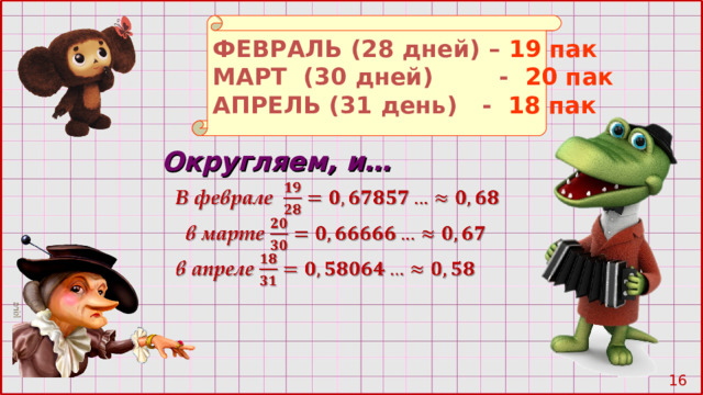 ФЕВРАЛЬ (28 дней) –  19 пак МАРТ (30 дней) -  20 пак АПРЕЛЬ  (31 день)  - 18 пак Округляем, и… 10 