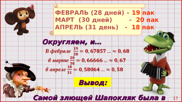 ФЕВРАЛЬ (28 дней) –  19 пак МАРТ (30 дней) -  20 пак АПРЕЛЬ  (31 день)  - 18 пак Округляем, и… Вывод: Самой злющей Шапокляк была в феврале 10 