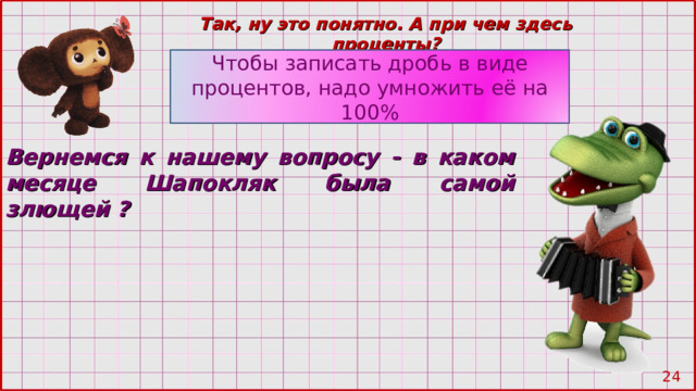 Так, ну это понятно. А при чем здесь проценты? Чтобы записать дробь в виде процентов, надо умножить её на 100% Вернемся к нашему вопросу - в каком месяце Шапокляк была самой злющей ? 23 