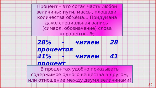 Процент – это сотая часть любой величины: пути, массы, площади, количества объёма… Придумана даже специальная запись (символ, обозначение) слова «процент» - % 28% - читаем 28 процентов 41% - читаем 41 процент 54% - читаем 54 процента … В процентах удобно показывать содержимое одного вещества в другом, или отношение между двумя величинами! 38 