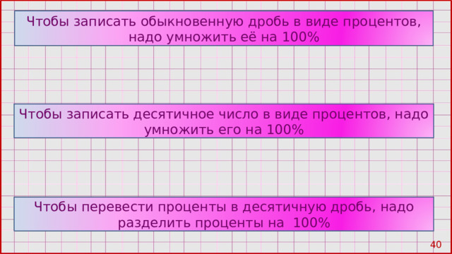 Чтобы записать обыкновенную дробь в виде процентов, надо умножить её на 100% Чтобы записать десятичное число в виде процентов, надо умножить его на 100% Чтобы перевести проценты в десятичную дробь, надо разделить проценты на 100% 39 