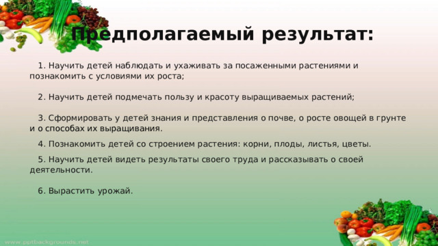 Предполагаемый результат:   1. Научить детей наблюдать и ухаживать за посаженными растениями и познакомить с условиями их роста; 2. Научить детей подмечать пользу и красоту выращиваемых растений; 3. Сформировать у детей знания и представления о почве, о росте овощей в грунте и о способах их выращивания. 4. Познакомить детей со строением растения: корни, плоды, листья, цветы. 5. Научить детей видеть результаты своего труда и рассказывать о своей деятельности. 6. Вырастить урожай.