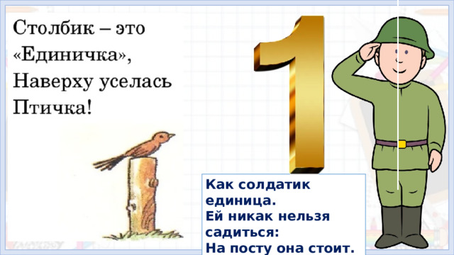 4. Формирование знаний Как солдатик единица. Ей никак нельзя садиться: На посту она стоит. Влево нос всегда глядит.