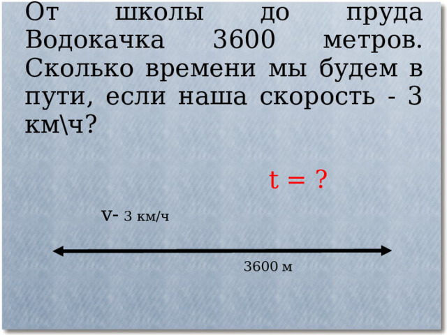 От школы до пруда Водокачка 3600 метров. Сколько времени мы будем в пути, если наша скорость - 3 км\ч?  t = ?  v- 3 км/ч  3600 м 