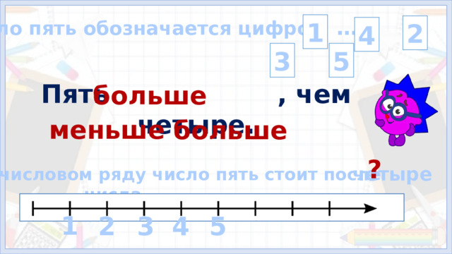 Число пять обозначается цифрой … 1 2 4 5 3 Пять , чем четыре. больше  меньше  больше ? четыре (13, 14, 15, 16 слайды) 6. Итог и  рефлексия учебной деятельности на уроке. На объекты слайда настроены триггеры. Триггеры настроены на цифры в верхней правой части слайда, на слова «меньше», «больше», на знак вопроса. Переход на следующий слайд: Пин. В числовом ряду число пять стоит после числа 1 5 4 3 2