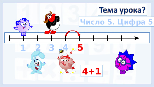 Число 5. Цифра 5. 4 5 2 3 1 3 .  Формулирование темы и цели урока. Открытие нового знания (знакомимся с основным вопросом урока). Сколько теперь смешариков вместе с нами на уроке? Число пять на письме обозначается цифрой 5. Посмотрите на числовой луч, составьте соответствующее выражение. На уроке мы узнаем: следующее число за числом четыре, каким значком на письме обозначаются пять предметов; мы научимся: писать цифру 5, использовать этот знак для обозначения пяти предметов; мы сможем: соотносить число пять и цифру 5. 4+1