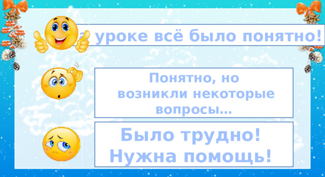 На уроке всё было понятно! Понятно, но  возникли некоторые вопросы… 5. Рефлексия Было трудно! Нужна помощь!