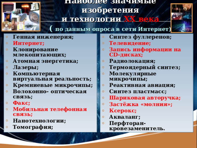 Наиболее значимые изобретения  и технологии XX века  ( по данным опроса в сети Интернет) Генная инженерия; Интернет; Клонирование млекопитающих; Атомная энергетика; Лазеры; Компьютерная виртуальная реальность; Кремниевые микрочипы; Волоконно- оптическая связь; Факс; Мобильная телефонная связь; Нанотехнологии; Томография; Синтез фуллеренов; Телевидение; Запись информации на CD -дисках; Радиолокация; Термоядерный синтез; Молекулярные микрочипы; Реактивная авиация; Синтез пластмасс; Шариковая авторучка; Застёжка «молния»; Ксерокс; Акваланг; Перфторан- кровезаменитель. 