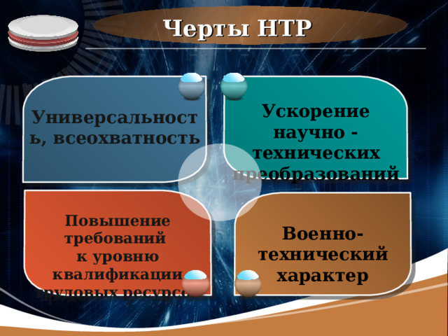 Черты НТР    Ускорение научно - технических преобразований Универсальность,  всеохватность  Повышение требований к уровню квалификации трудовых ресурсов  Военно-технический характер 