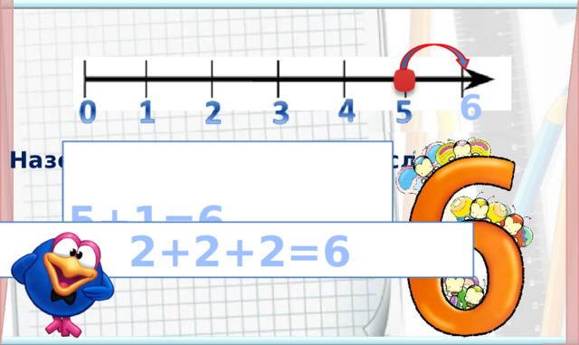 6  5+1=6 Назовите самое большое число,  которое мы изучили. Где нужно расположить цифру 6? Посмотрите на числовой луч и картинку, составьте соответствующее выражение.  2+2+2=6