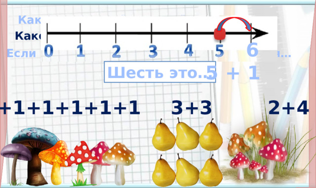 Какое число идёт при счёте за числом 5? Какое число на один больше пяти? 6 Если к пяти прибавить один, то получится… 5 + 1 Шесть это…  2+4 3+3 1+1+1+1+1+1 6 . (15, 16, 17 слайды)  Итог и  рефлексия учебной деятельности на уроке *** Первый гриб появляется по щелчку, остальные грибы появляются автоматически.