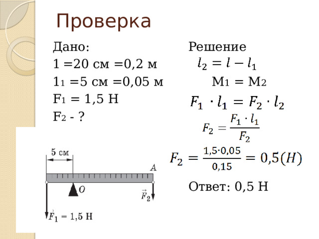  Проверка Решение Дано: 1  =20 см =0,2 м  М 1 = М 2 1 1 =5 см =0,05 м F 1 = 1,5 Н F 2 - ? Ответ: 0,5 Н 