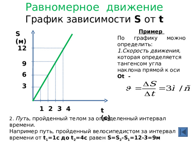 Равномерное движение  График зависимости S  от t   Пример По графику можно определить: Скорость движения , которая определяется  тангенсом угла наклона  прямой к оси О t -  S ( м)   12  9  6  3 1 2 3 4 t (c) 2 . Путь , пройденный телом за определенный интервал времени. Например  путь, пройденный велосипедистом за интервал времени от t 1 =1с до t 2 =4с равен  S=S 2 -S 1 =12-3=9м 