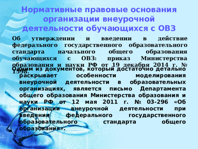  Нормативные правовые основания  организации внеурочной деятельности обучающихся с ОВЗ    Одним из документов, который достаточно детально раскрывает особенности моделирования внеурочной деятельности в образовательных организациях, является письмо Департамента общего образования Министерства образования и науки РФ от 12 мая 2011 г. № 03-296 «Об организации внеурочной деятельности при введении федерального государственного образовательного стандарта общего образования».  Об утверждении и введении в действие федерального государственного образовательного стандарта начального общего образования обучающихся с ОВЗ: приказ Министерства образования и науки РФ от 19 декабря 2014 г. № 1598. 