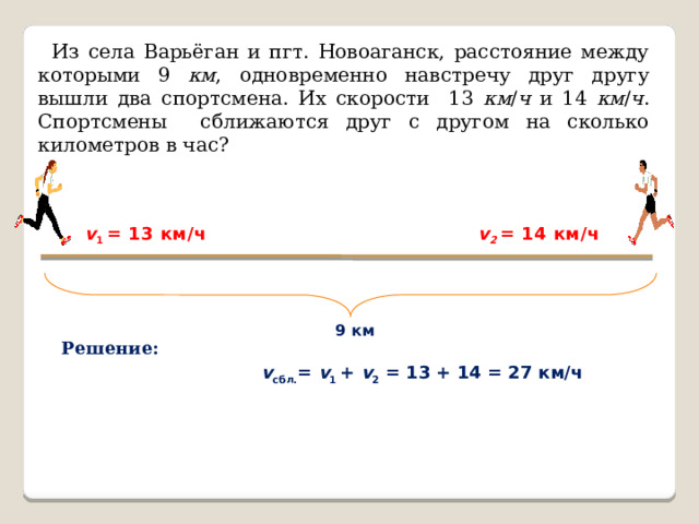 Из села Варьёган и пгт. Новоаганск, расстояние между которыми 9 км , одновременно навстречу друг другу вышли два спортсмена. Их скорости 13 км / ч и 14 км / ч . Спортсмены сближаются друг с другом на сколько километров в час?   v 1 = 13 км/ч  v 2  = 14 км/ч 9 км Решение:  v сбл. = v 1 + v 2 = 13 + 14 = 27 км/ч   