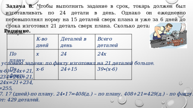 Задача 8. Чтобы выполнить задание в срок, токарь должен был изготавливать по 24 детали в день. Однако он ежедневно перевыполнял норму на 15 деталей сверх плана и уже за 6 дней до срока изготовил 21 деталь сверх плана. Сколько деталей изготовил токарь? Решение. По плану К-во дней х Деталей в день По факту 24 х-6 Всего деталей 24х 24+15 39∙(х-6) По условию задачи: по факту изготовил на 21 деталей больше. 39∙(х-6)=24х+21, 39х-234=24х+21, 39х-24х=21+234, 15х=255, х=17. 17 (дней)-по плану. 24∙17=408(д.) – по плану. 408+21=429(д.) - по факту. Ответ: 429 деталей. 