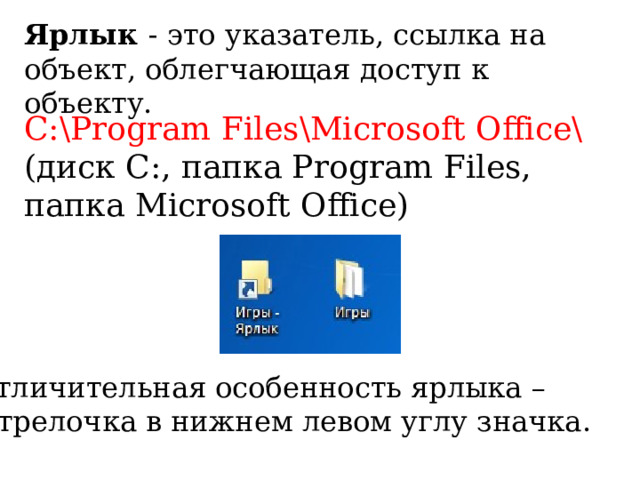 Ярлык - это указатель, ссылка на объект, облегчающая доступ к объекту. С:\Рrоgram Files\Microsoft Office\ (диск С:, папка Рrоgram Files, папка Microsoft Office) Отличительная особенность ярлыка –  стрелочка в нижнем левом углу значка.