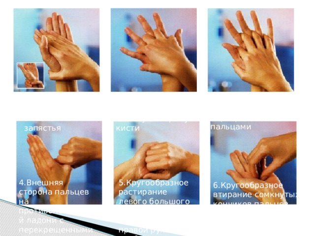 1 .Ладонь к ладони, включая запястья 2. Правая ладонь на левую тыльную сторону кисти 3.Ладонь к ладони рук с перекрещенными пальцами 4.Внешняя сторона пальцев на противоположной ладони с перекрещенными пальцами 5.Кругообразное растирание левого большого пальца в закрытой ладони правой руки и наоборот 6.Кругообразное втирание сомкнутых кончиков пальцев правой руки на левой ладони и наоборот 