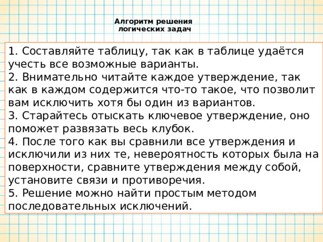  Алгоритм решения  логических задач   1. Составляйте таблицу, так как в таблице удаётся учесть все возможные варианты.  2. Внимательно читайте каждое утверждение, так как в каждом содержится что-то такое, что позволит вам исключить хотя бы один из вариантов.  3. Старайтесь отыскать ключевое утверждение, оно поможет развязать весь клубок.  4. После того как вы сравнили все утверждения и исключили из них те, невероятность которых была на поверхности, сравните утверждения между собой, установите связи и противоречия.  5. Решение можно найти простым методом последовательных исключений. 