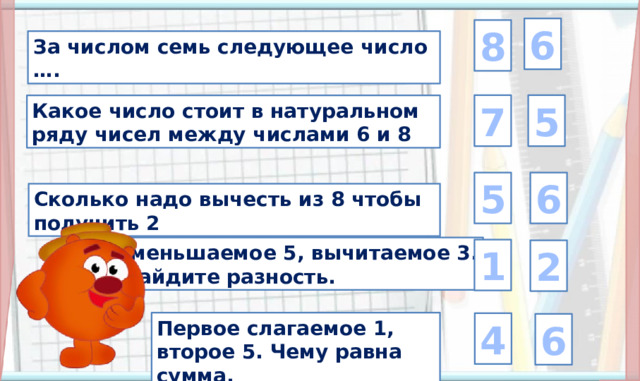 6 8 За числом семь следующее число …. 7 5 Какое число стоит в натуральном ряду чисел между числами 6 и 8 6 5 Сколько надо вычесть из 8 чтобы получить 2 Уменьшаемое 5, вычитаемое 3.  Найдите разность. 1 2 2. Актуализация знаний(3,4 слайды). Введение в тему (проблемная ситуация, 5 слайд) На цифры настроены триггеры. Наводим курсор и ждём появления руки-указателя. Копатыч: переход на следующий слайд. Первое слагаемое 1, второе 5. Чему равна сумма. 4 6