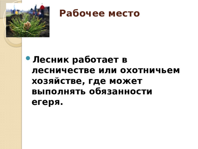 Рабочее место   Лесник работает в лесничестве или охотничьем хозяйстве, где может выполнять обязанности егеря. 
