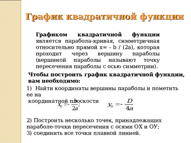 График квадратичной функции Графиком квадратичной функции является парабола-кривая, симметричная относительно прямой x= - b / (2а), которая проходит через вершину параболы (вершиной параболы называют точку пересечения параболы с осью симметрии). Чтобы построить график квадратичной функции, вам необходимо:   Найти координаты вершины параболы и пометить ее на  координатной плоскости 2) Построить несколько точек, принадлежащих параболе-точки пересечения с осями ОХ и ОУ; 3) соединить все точки плавной линией.  