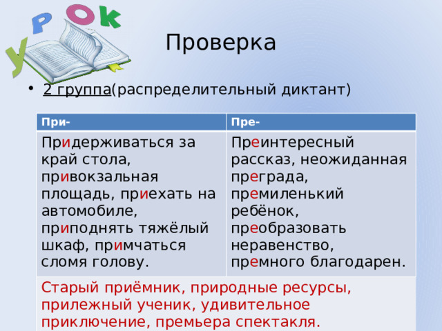 У Проверка 2 группа (распределительный диктант) При- Пре- Пр и держиваться за край стола, пр и вокзальная площадь, пр и ехать на автомобиле, пр и поднять тяжёлый шкаф, пр и мчаться сломя голову. Пр е интересный рассказ, неожиданная пр е града, пр е миленький ребёнок, пр е образовать неравенство, пр е много благодарен. Старый приёмник, природные ресурсы, прилежный ученик, удивительное приключение, премьера спектакля. 