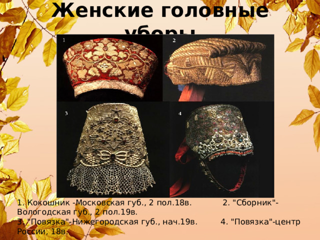 Женские головные уборы 1. Кокошник -Московская губ., 2 пол.18в. 2. 