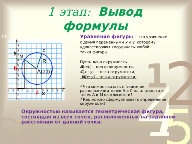 1 этап: Вывод формулы Уравнение фигуры – это уравнение с двумя переменными х и у , которому удовлетворяют координаты любой точки фигуры. Пусть дана окружность. А ( а ; b ) – центр окружности, С ( х ; у ) – точка окружности,  М (х; у) – точка окружности.  Что можно сказать о взаимном расположении точек А и С на плоскости и точек А и М на плоскости? Как можно сформулировать определение окружности?  Окружностью называется геометрическая фигура, состоящая из всех точек, расположенных на заданном расстоянии от данной точки. 