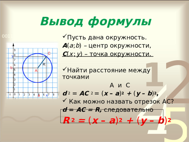 Вывод формулы Пусть дана окружность. А ( а ; b ) – центр окружности, С ( х  ;  у ) – точка окружности.  Найти расстояние между точками А и С d  2 = АС 2  = ( х – а ) 2  + ( у –  b ) 2 ,  Как можно назвать отрезок АС? d = АС = R ,  следовательно R  2  = ( х – а ) 2  + ( у –  b ) 2  