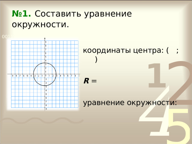 № 1.  Составить уравнение окружности. координаты центра: ( ; ) R = уравнение окружности: 