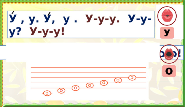 У , у. У, у . У-у-у. У-у-у? У-у-у! О , о. О, о . О-о-о? О-о-о. О-о-о! 2. Актуализация (3-7 слайды) Произнеси с нужной интонацией. Обращай внимание на знаки. Пропой звук.